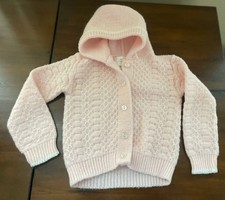Vintage Baby Cardigan Knit button front sweater sz 3-6 mo hooded pink usa made