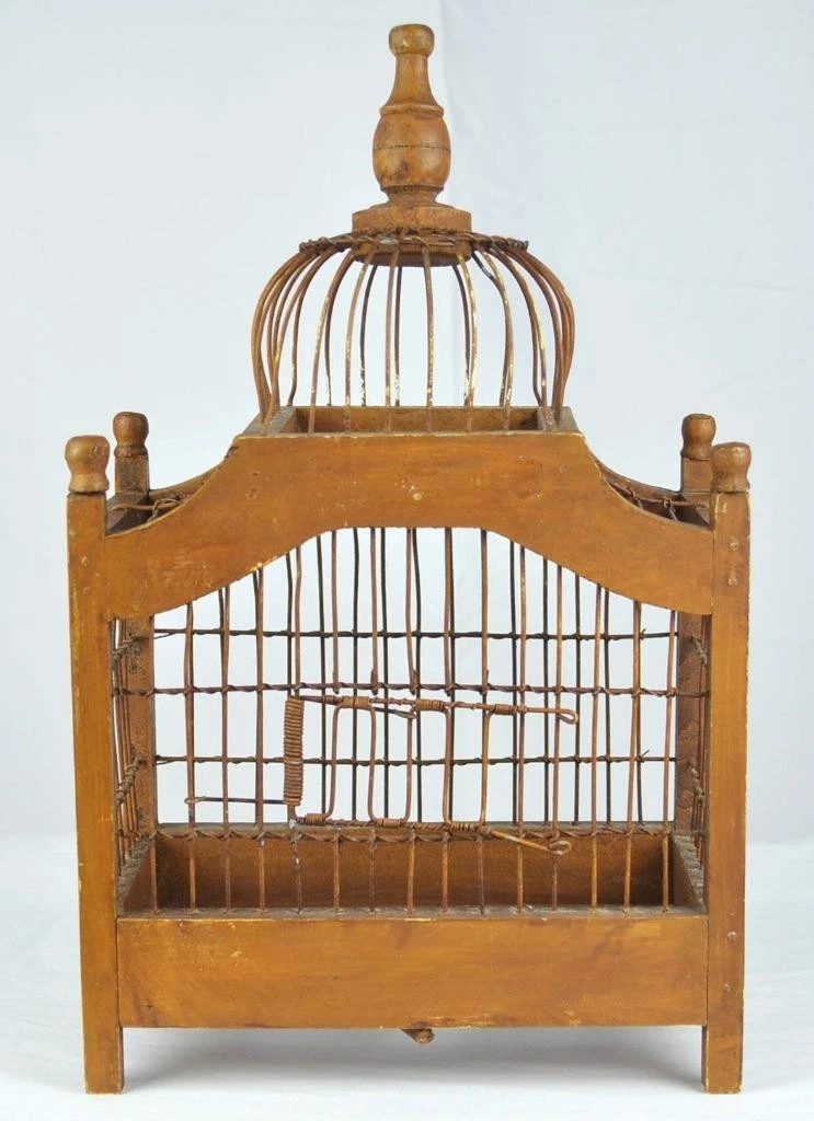 VINTAGE WOOD & WIRE BIRD CAGE - SPRING LOADED DOOR - DECORATIVE WOODEN BIRD CAGE
