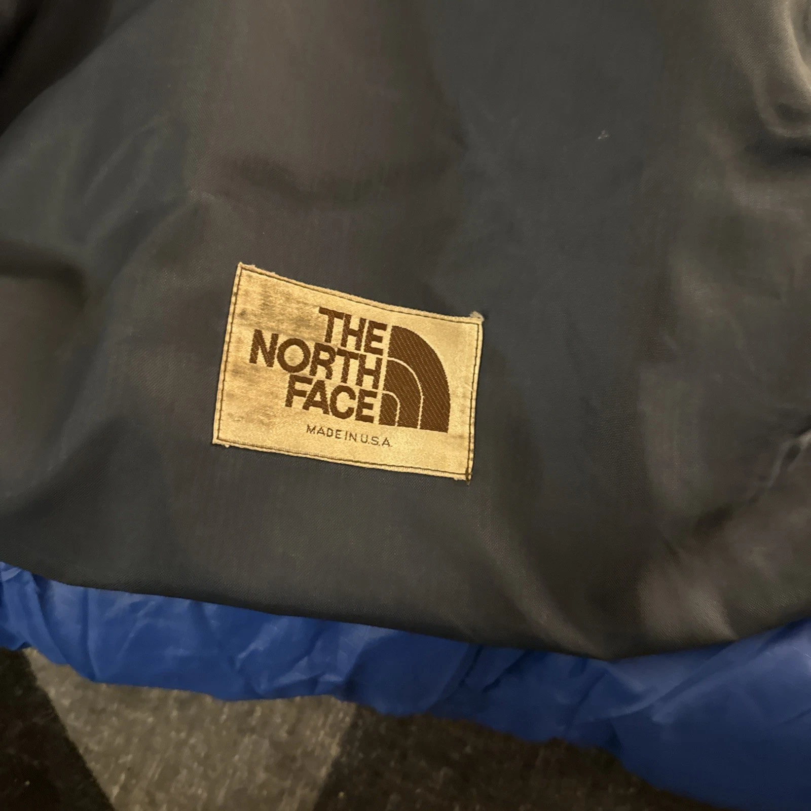 Vintage USA North Face Brown Label Goose Down Mummy Sleeping Bag in Blue w/ Bag