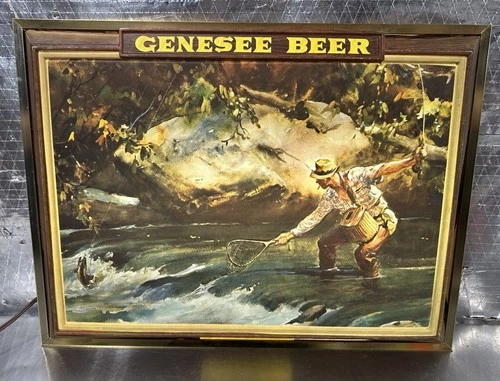 Vintage Genesee Beer Shadow Box Bar Lighted Sign Trout Stream Fishing