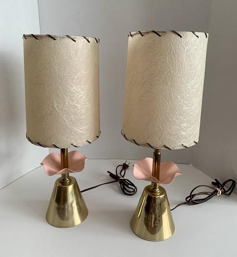 Vintage MCM Leviton Pair Table Lamps Tulip Base 16.5” W/Original Shades Working - Picture 2 of 16