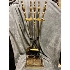 Vintage Brass Fireplace Tool Set Poker Shovel Tongs Brush 31" Tall Taiwan