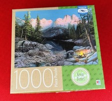 MB Puzzle 1000 Pc Kevin Daniel Cabin Lake Campfire Scene Premium Blue Board