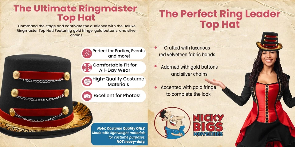 Adulto De Lujo Circo Ringmaster Sombrero de copa Anillo Líder Halloween Juguete Soldado Disfraz Foto 3 de 4