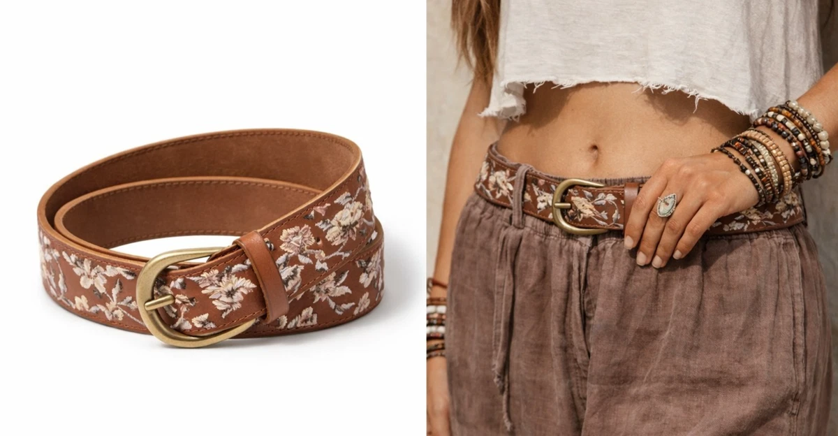 LUCKY BRAND Women\'s Belt Size XL Brown Tooled Leather White Painted Flowers Boho Stunning Vintage LUCKY BRAND Brown Leather Belt With Blue  main image 4