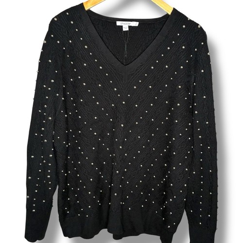 Chico's Sweater NWOT Size 3 (XL) Black Spun Rayon V-Neck Silver Stud Pullover - Picture 2 of 7