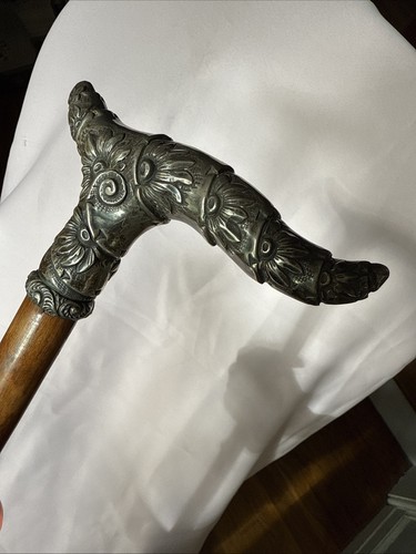 Antique Sterling Silver Handle Knobby Hardwood Shaft Walking Stick Cane Floral - Foto 23 di 24
