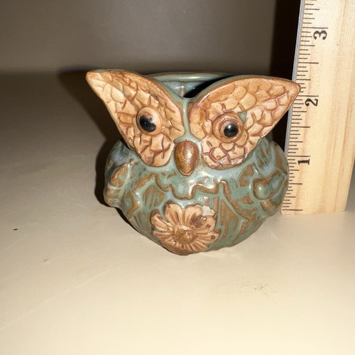 Gufo argilla fatto a mano portacandele votivo vintage ceramica smalto kitsch fioriera vaso - Foto 9 di 13