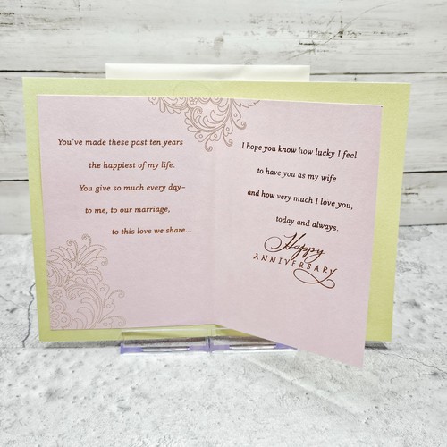 Hallmark Jahrestag Grußkarte 5x7 Frau 10. rosa Blumen Vogel Glück Liebe - Bild 6 von 9