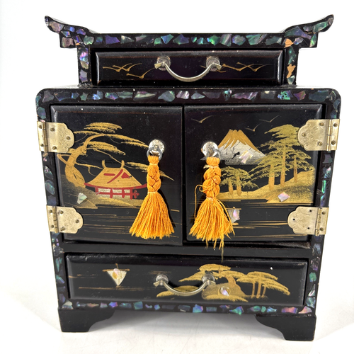 Antike japanische Schmuckschatulle Schwarz Lack mit Gold Opal 5 Schubladen Truhe LESEN* - Bild 2 von 17