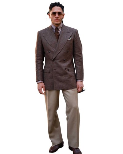 Winter Wool Blend Warm Coat for Men Peak Lapel Double Breasted Jacket Tailored - Picture 3 of 15