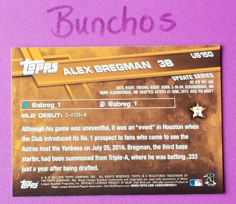 2017 Topps Update Series - Alex Bregman RC  - Rookie Debut Baseball Card #US150 - Image 2 of 2