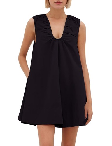 Ladies V Neck Pockets Sleeveless Mini Tanks Dress Summer Baggy Dresses Long Tops - Picture 10 of 31