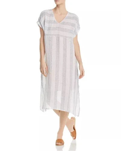 Eileen Fisher Variegated-Stripe Boxy Caftan M Organic Linen Gauze, Deep Splits - Picture 4 of 9