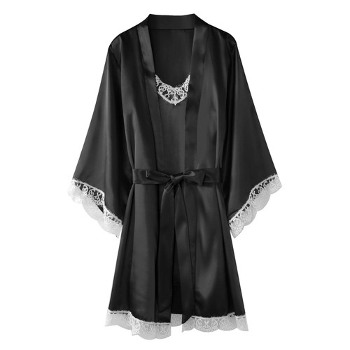 2Pcs Satin Sleepwear Faux Silk Lingerie Pajama Set Robe Nightdress Bride Yukata - Picture 14 of 14