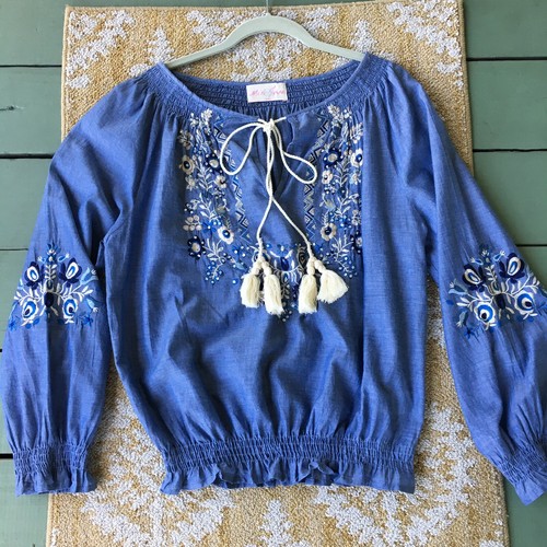 Top donna ricamato Miss June Paris OS M/L blu cotone manica a sbuffo boho chic - Foto 3 di 13