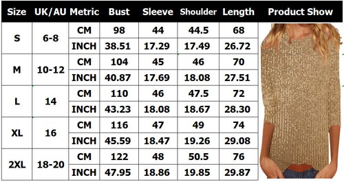 Womens Glitter Sequins Tops Party Loose Blouse Summer Shiny Tee Shirts Vest 6-20 - Picture 20 of 20
