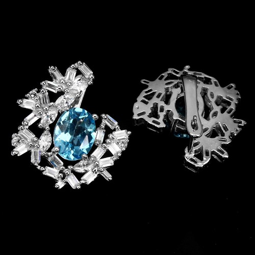 Orecchini In Argento Sterling 925 Ovali 9x7mm Con Gemma Di Topazio Blu Svizzero - Foto 3 di 11