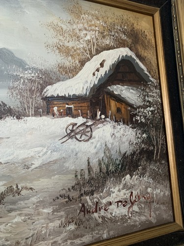 Andre De Jong Winter Cabin Oil Painting on Canvas Antique framed Signed Painting - Picture 3 of 8