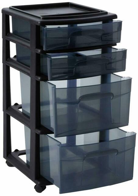 Casters Included Black Frame with Smoke Tint Drawers Plastic 4 Drawer Medium Cart Casters Included Black Frame with Smoke Tint Drawers Plastic 4 Drawer Medium Cart