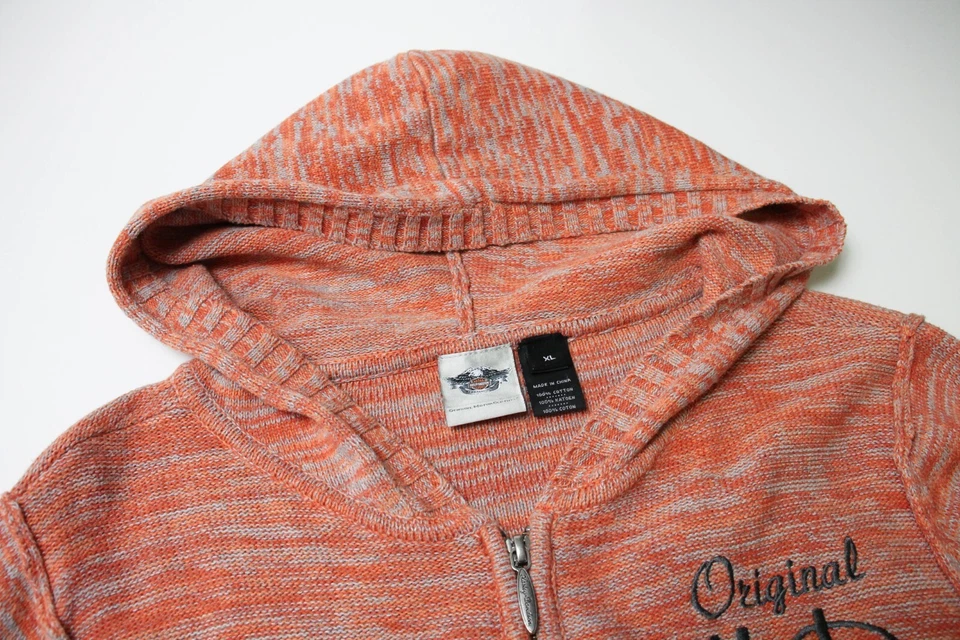 HARLEY DAVIDSON Jumper Women's XL Zipped Up Knitted Melange Orange Peach Hoodie - Image 4 of 4
