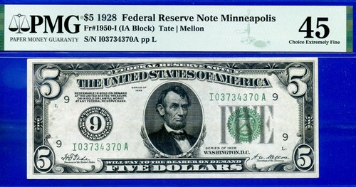 1928 $5 Federal Reserve Note PMG 45 rare Key note Minneapolis Fr 1950-I - Picture 1 of 2