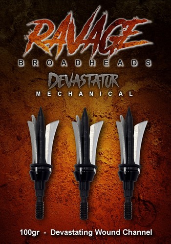 RAVAGE DEVASTAOR Mechanical 3 blade Broadhead 100gr, 3pk 2.5" Wound Channel