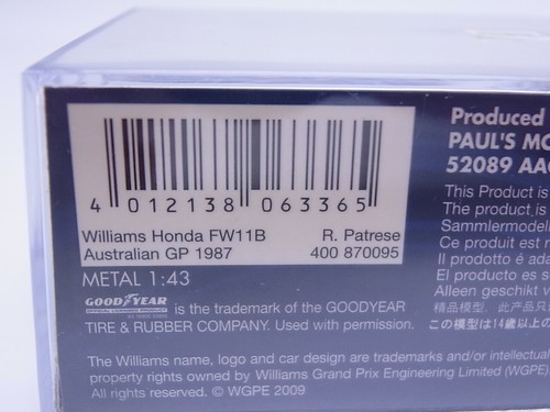 Minichamps 1/43 Williams Honda FW11B F1 Fomula1 R.Patrese Australian GP 1987 EX - Picture 10 of 12