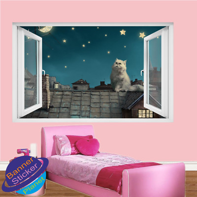 WEISSE PUSSY KATZE DACHSTERNE MOND WANDAUFKLEBER 3D KUNST POSTER WANDAUFKLEBER VE9