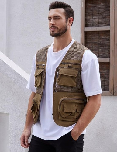 Men's Mesh Multi Pockets Outdoor Fishing Safari Travel VestKhaki 03-L - Picture 2 of 6