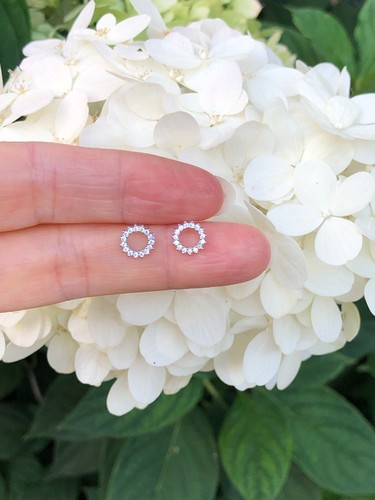 925 Sterling Silver Tiny Cz Open Circle Stud Earrings Small Studs 6mm - Picture 2 of 10