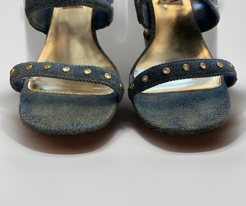 Previa Slip On Clear Block Heels Denim Sandals Gems 80s 90s VTG Studded sz 8B - Picture 3 of 15