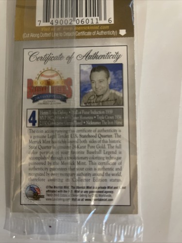 Golden Baseball Legends 24KT Gold Plated Colorized Quarter Lou Gehrig - Bild 5 von 6