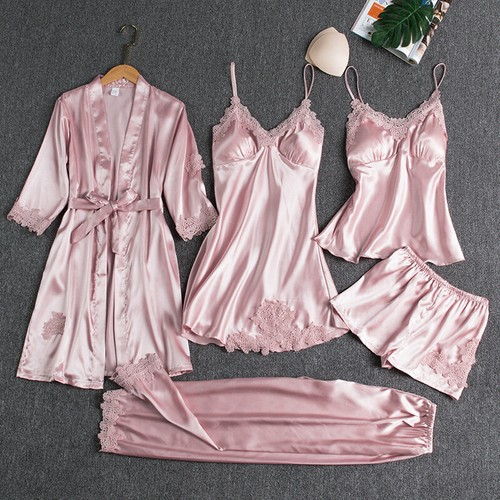 5PC Silk Womens Lace Satin Gown Set V-Neck Nighties Wear Home Nightdress Spring - Picture 17 of 18