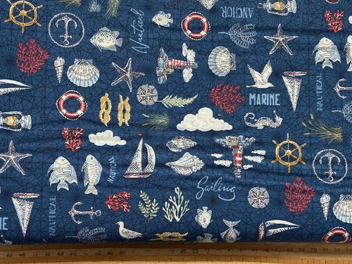 Makower High Tide Cotton Fabric by 1/4 M* Maritime Harbour Reef Scenic Shells - Picture 2 of 13
