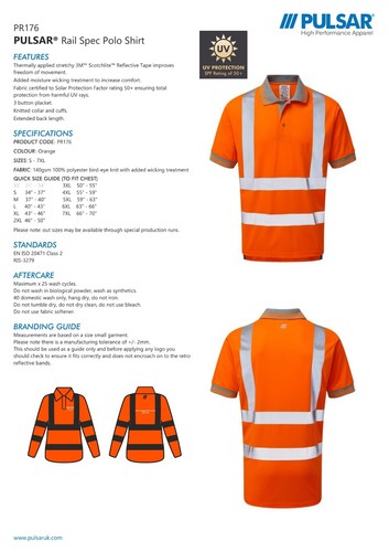 PULSAR® PR176 Hi Vis orange short sleeve polo shirt RIS-3279N rail spec - Picture 2 of 2
