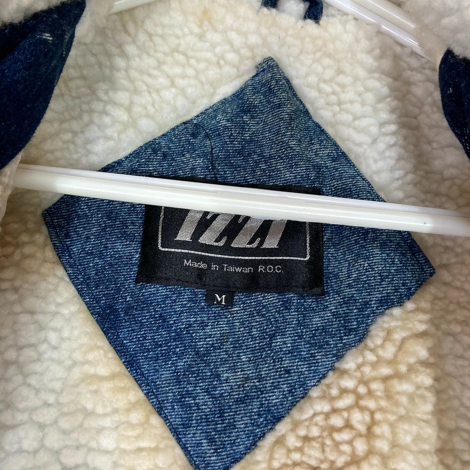 Mujer De Colección Denim Parka Jean Chaqueta Sherpa Cuero M Lavado Ácido Tareas Abrigo Años 80 90 Foto 4 de 4