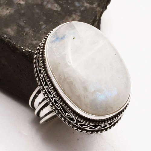 Rainbow Moonstone Ethnic Handmade Antique Design Ring Jewelry US Size-8 AR 68443