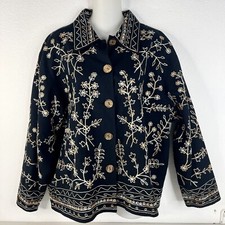 Embroidered Linen Jacket Life Style Leaves & Florals Button Front Black Sz Large