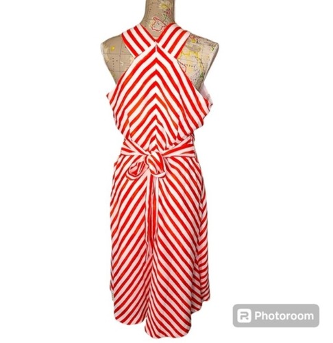 Nuevo con etiquetas Vestido Midi Ann Taylor Talla 14 Rojo Blanco Rayas Cuello Cruzado Ajuste y Acampanado - Imagen 7 de 15
