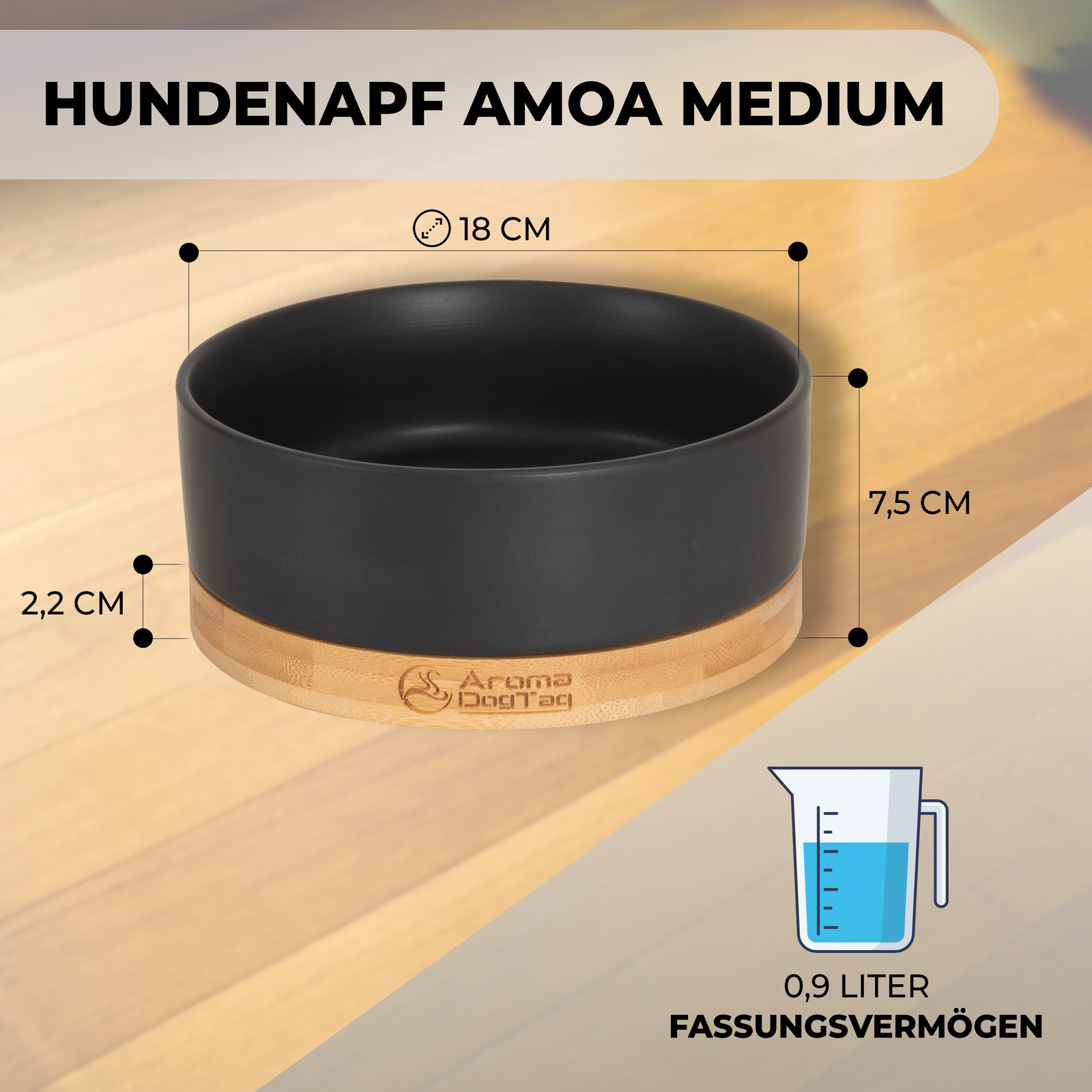 Hundenapf Fressnapf Keramik Holz Bambus schwarz Wassernapf Napf Amoa Anti-Rutsch