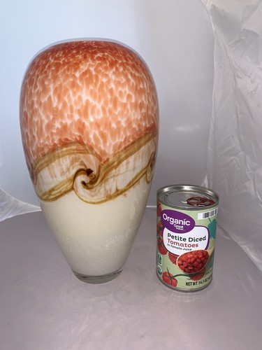 Murano Vase Large Hand Blown Cased Art Glass Orange Cream Mocha Swirl Heavy - Picture 7 of 12