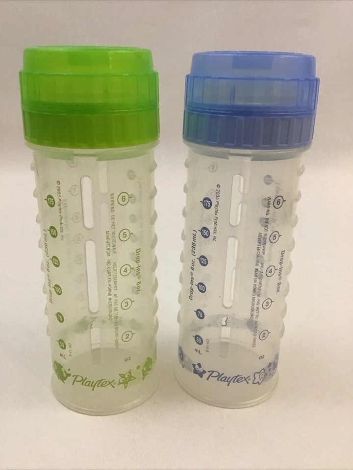 Lote de 2 biberones Playtex verde claro diseño azul gotas bolsa tapa pezón 8 oz Foto 3 de 4