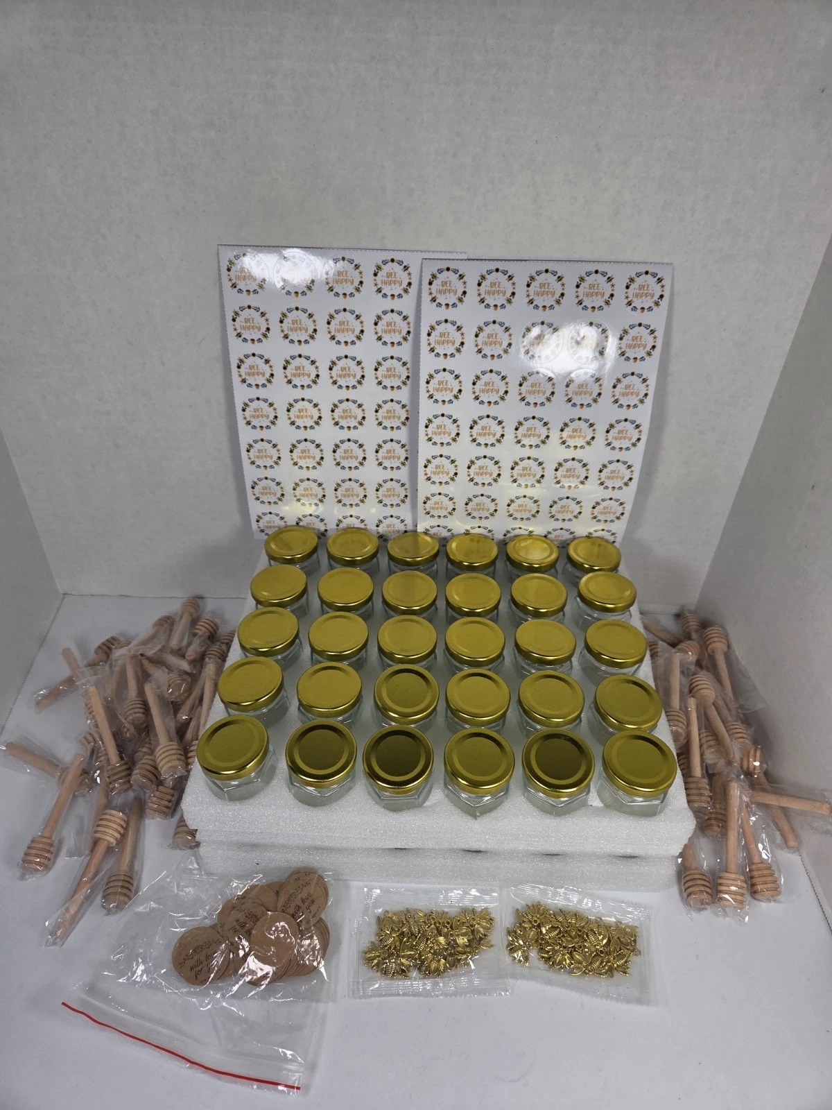 60 Pcs. | 1.5 Oz. MINI HONEY JARS with Dipper Stickers Gold Lid