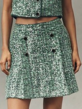 NWOT Anthropologie Maeve Sequin Tweed Mini Skirt Green Gold Buttons XS MSRP 148