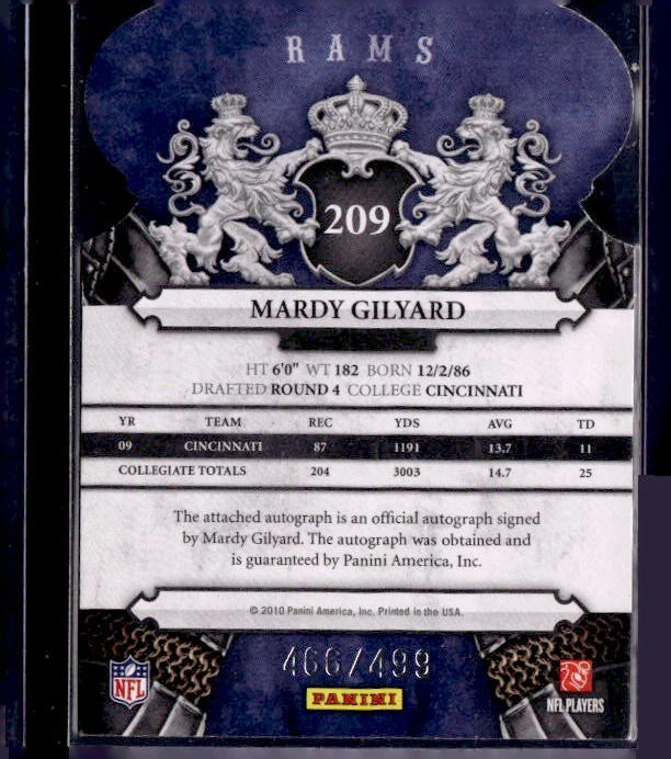 2010 Panini Crown Royale #209 Mardy Gilyard #/499 - Image 2 of 2