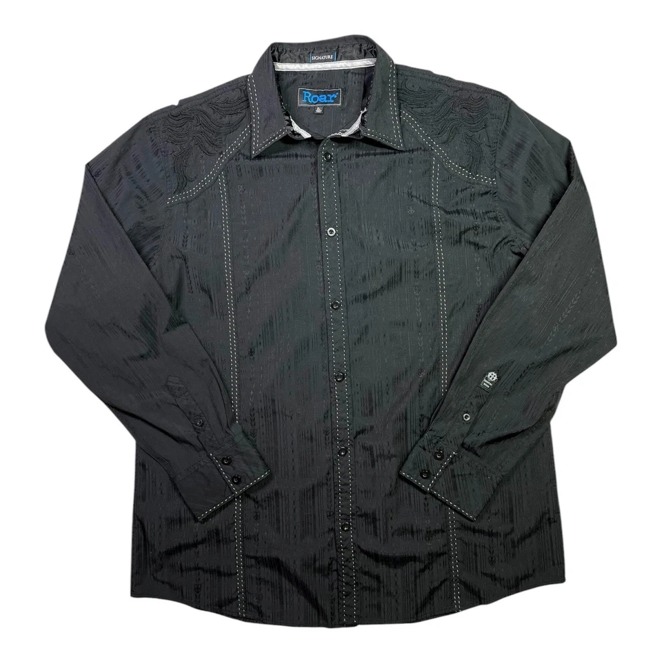 Roar Men's XL Black Long Sleeve Button-Up Shirt Embroidered Stretch - Image 3 of 4