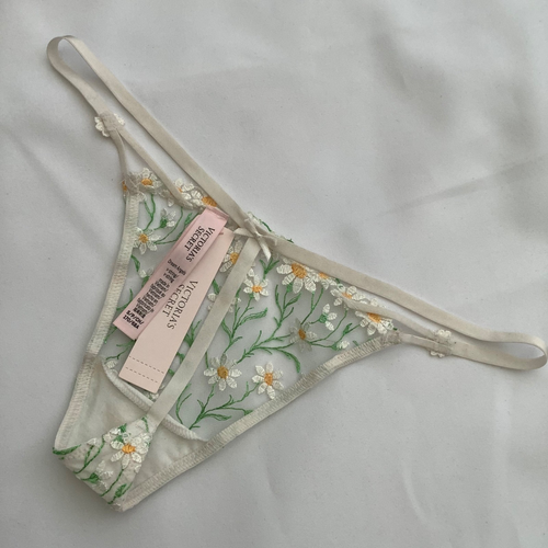 Victoria’s Secret Ivory Floral Fine Mesh V-string Thong Panties - Size S - BNWT - Picture 2 of 3