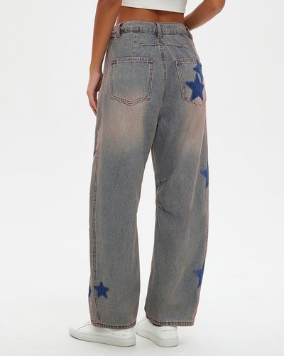 Star Barrel Wide Leg Jeans Women Loose Printed Boyfriend Mid Rise Baggy Denim... - Picture 3 of 6
