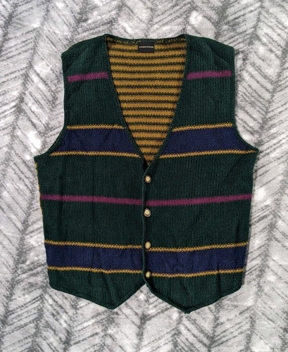 Vtg Structure Sweater Vest Mens Medium M Green Striped Cardigan 90s Grampa Core - Picture 1 of 6